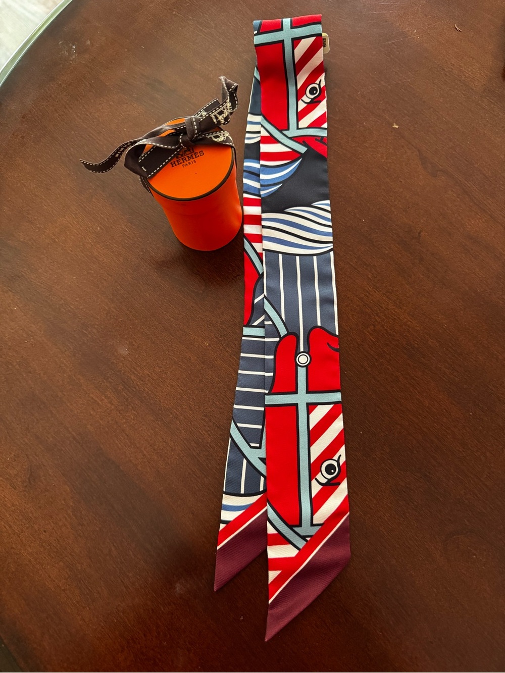 Hermes Red, Navy and White Silk Twilly Tie